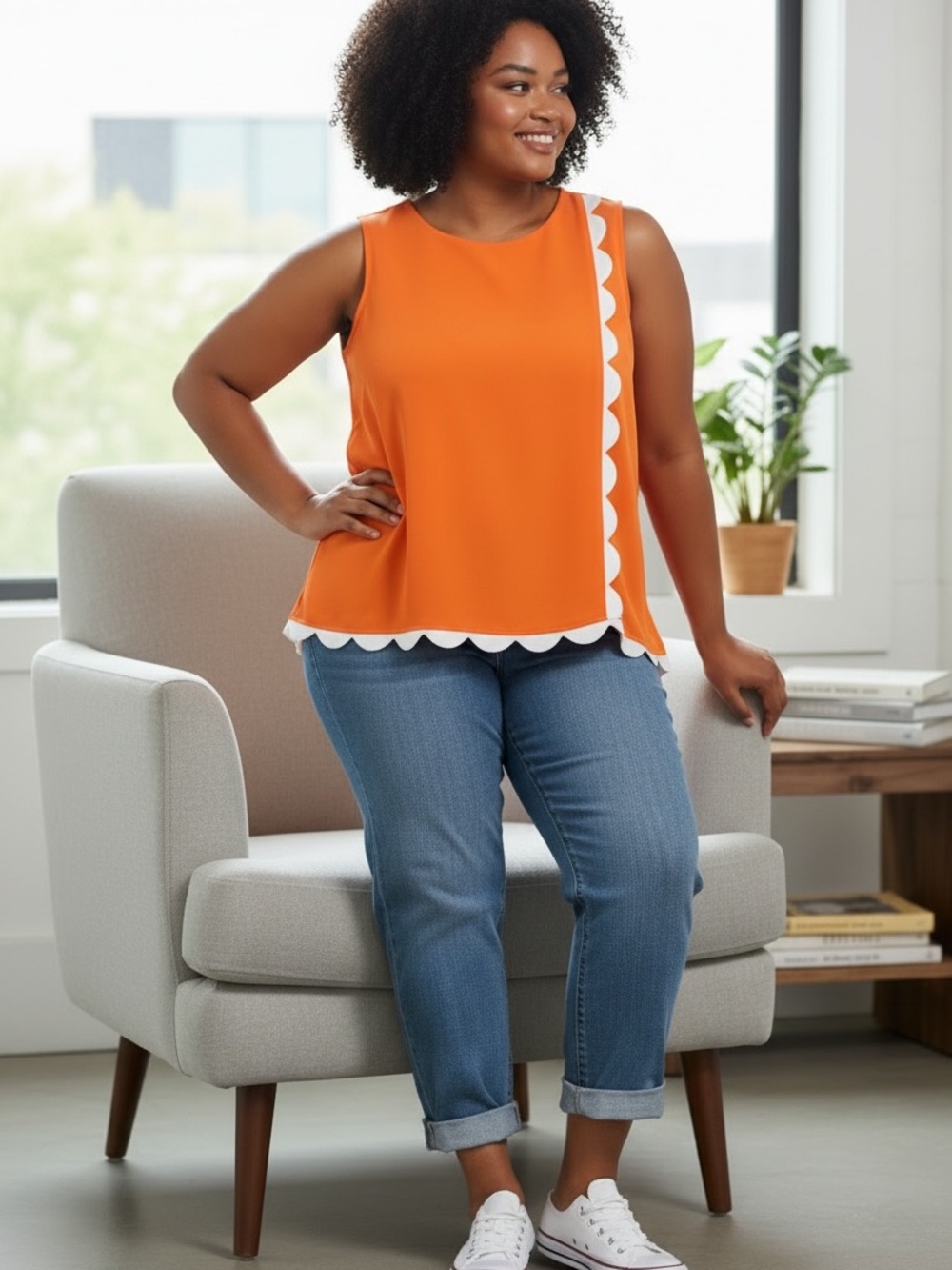 Victoria Beckham for Target Orange Sleeveless Top with White Scallop Trim